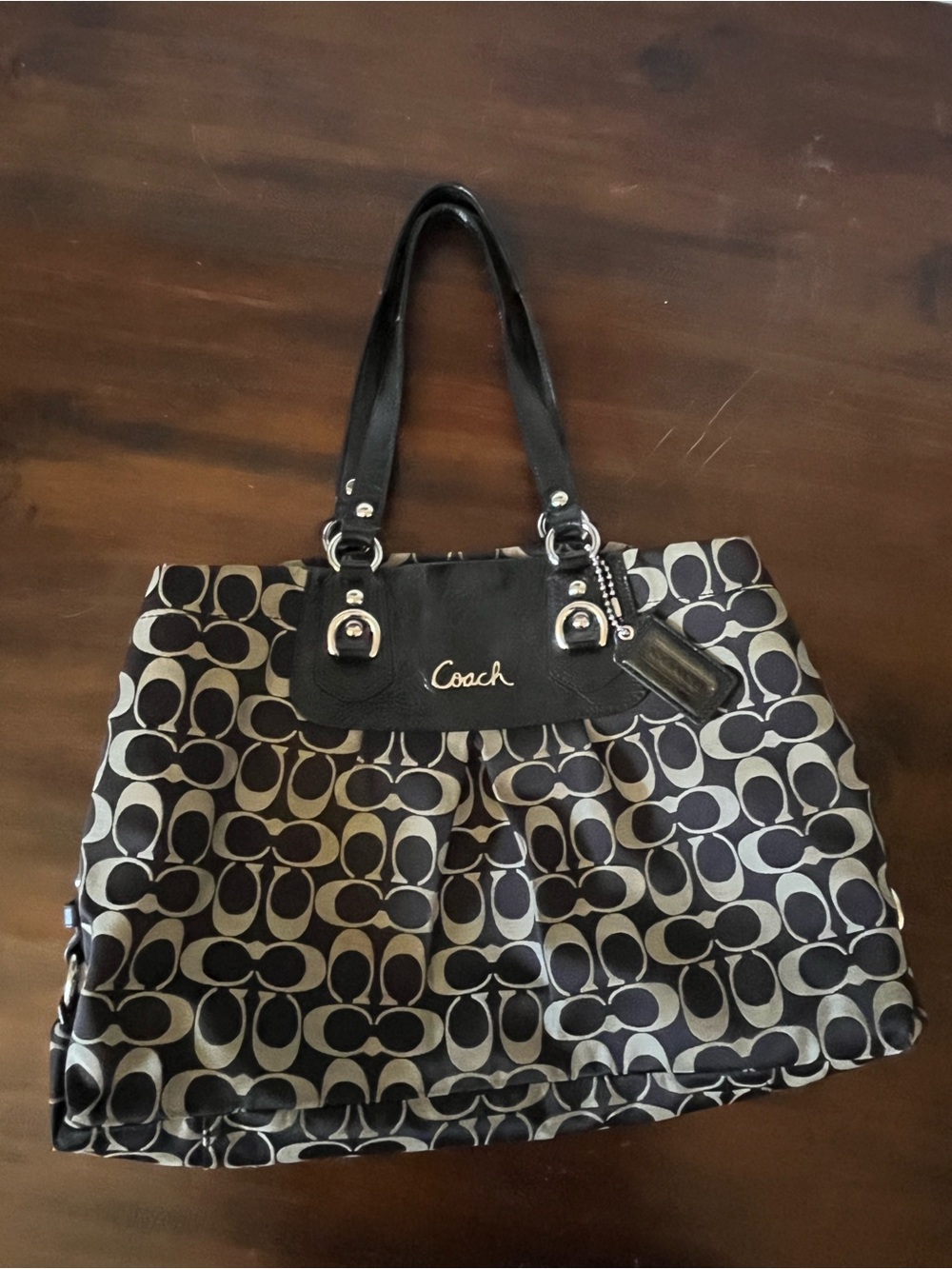 Coach Black and Cream Signature Tote with Leather Trim